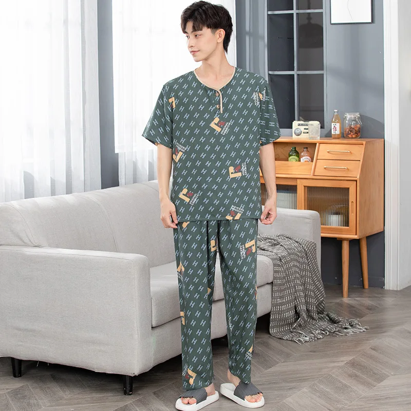 Men's Pajamas Summer Short Sleeve Cotton Silk Thin Pajamas Oversize Round Neck Men's Suit Home Clothes