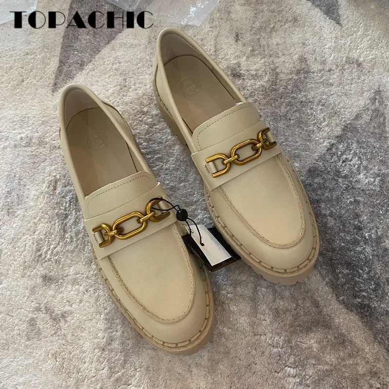 

6.15 High Quality Temperament Metal Chain Decoration Genuine Leather Thick Flat Loafers Shoes Women