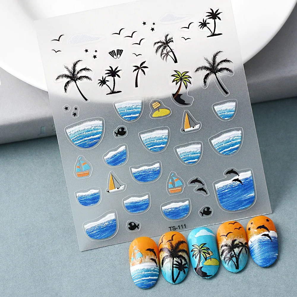 

Vacation Series Embossed Nail Art Stickers 5D Beach Holiday Pattern Design Ultra Thin Charm Sliders Manicure Decals Nails Tips