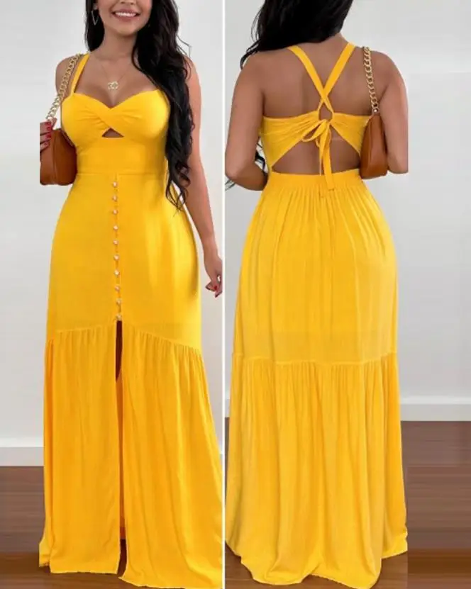 

Woomen's Sexy Split Thigh Twisted Maxi Dress Europe & America Bright Fashion Halter Crisscross Backless Slit Vacation Dresses