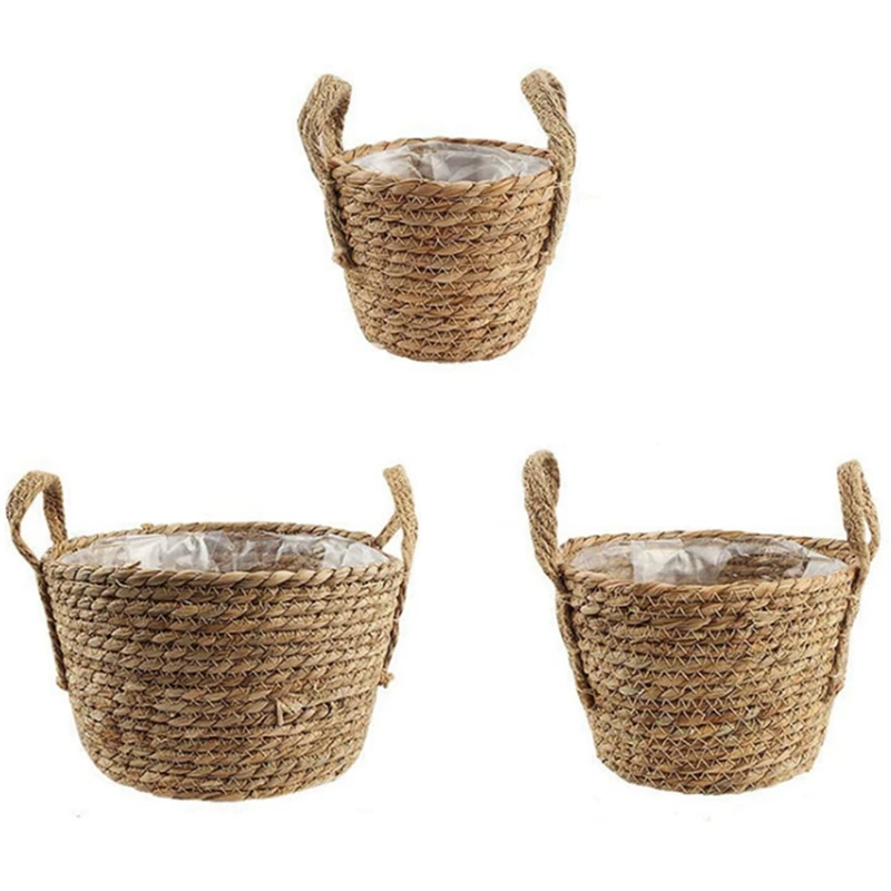

3PCS Straw Woven Flowerpot Basket With Handle Potted Storage Basket Flower And Plant Tabletop Pot Plant Basket