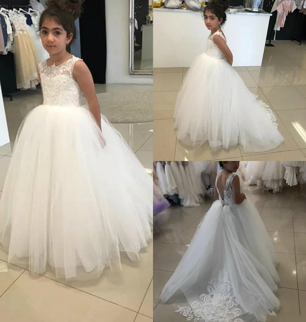 

Elegant Illusion Applique Tulle Princess A Line Wedding Party Lace Kid Birthday Dress First Communion Gown Flower Girl Dresses