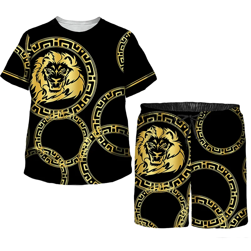 New Summer Lion Print 3d Shirt Shorts Suit Unisex Oversized Tshirt Black Tracksuit Set Fashion Casual 2023 Men Oversized Clothes