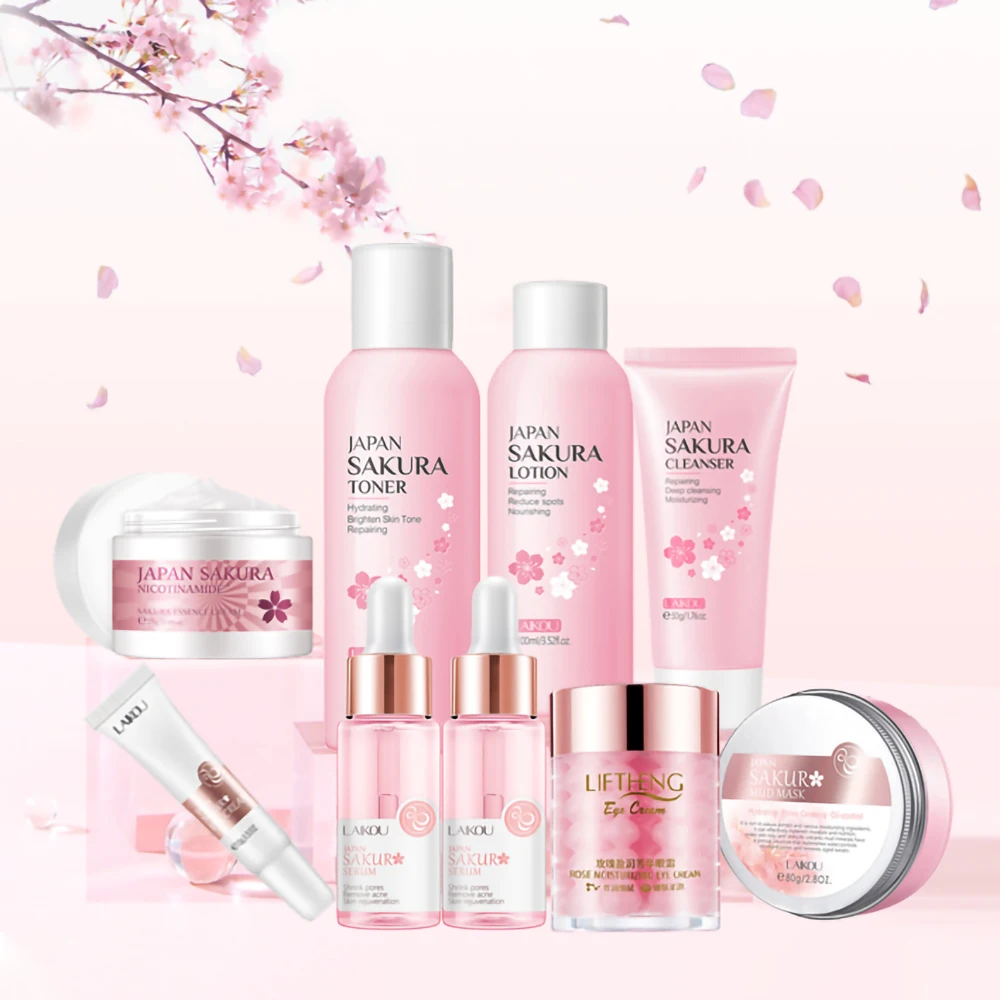 

Sakura Skin Care Set Facial Cleanser Moisturize Toner Face Whiten Cream Dark Circle Eye Cream Mask Mud Korean Cosmetics Products