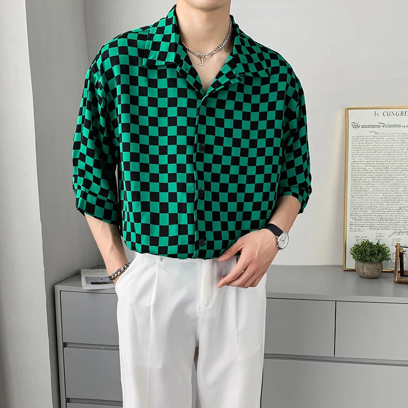 2022 Classic Plaid Shirts for Men 2022 Summer Short Sleeve Loose Casual Shirt Social Party Male Clothing Hip Hop Oversized Tops