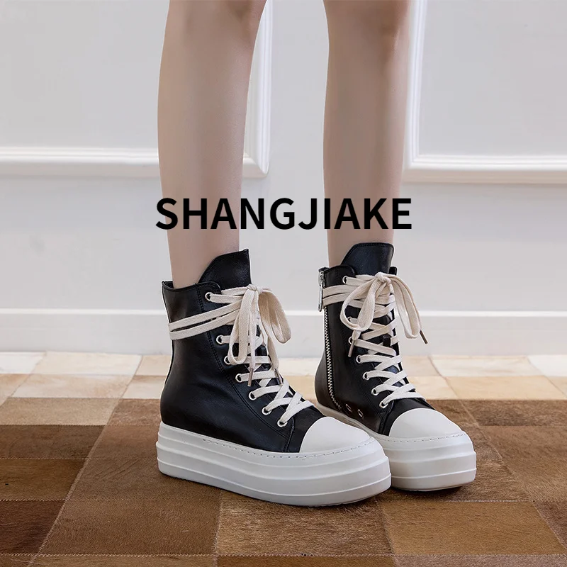 Women Shoes Women Canvas Shoes Luxury Trainers Platform Boots Lace Up Sneakers Casual Height Increasing Zip High-TOP Black Shoes images - 6