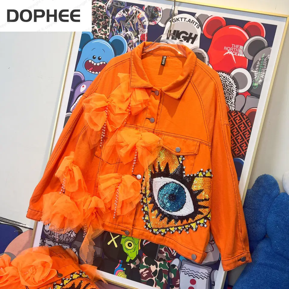Orange Denim Coat Women 2022 New Spring Autumn Clothing Patchwork Mesh Sequins Oversize Loose Outwear Streetwear Trendy Jacket