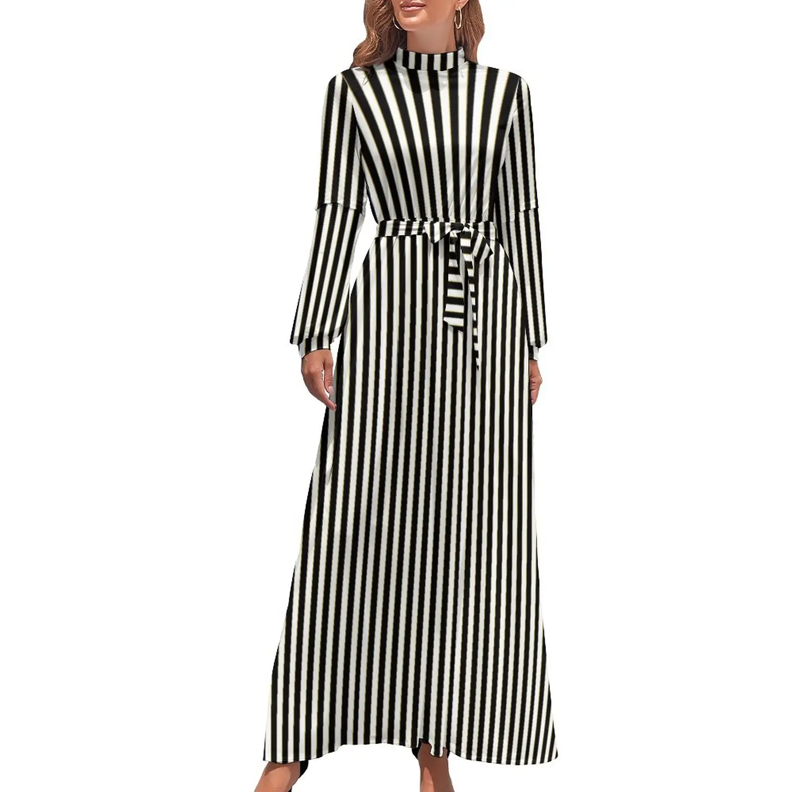 

Vertical Striped Dress Black White Lines Aesthetic Beach Dresses Womens Long Sleeve High Neck Cute Long Maxi Dress