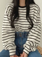 qweek korean oversized stripped t shirts women kpop casual design tees long sleeve tops loose 2022 spring autumn streetwear