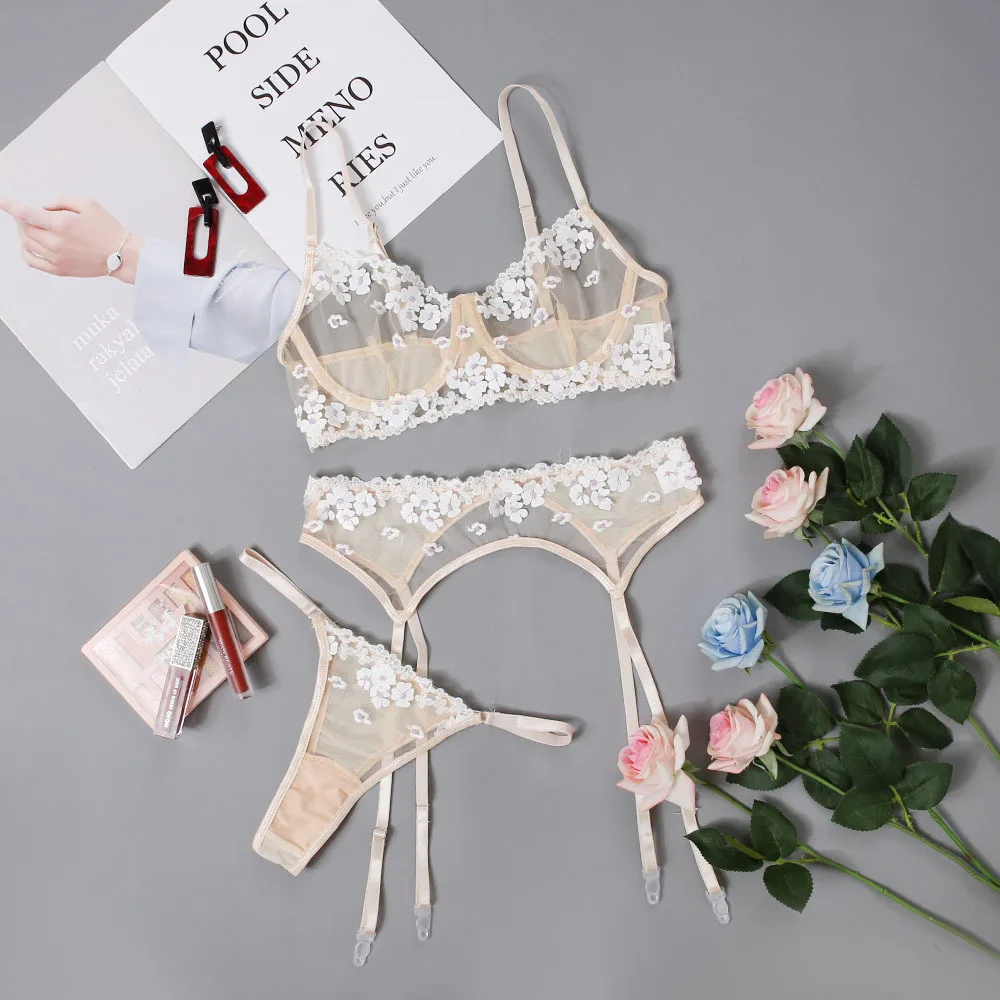 

Female Lace Embroidery Bras and Panties Set Sexy Women's Lingerie Garter Belt Mesh See-Through Thin Bra Panty Thong Garter Set