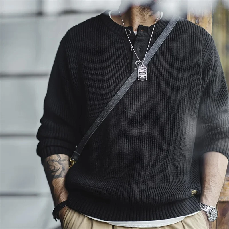 Maden мужская черная хлопковая рубашка Henley