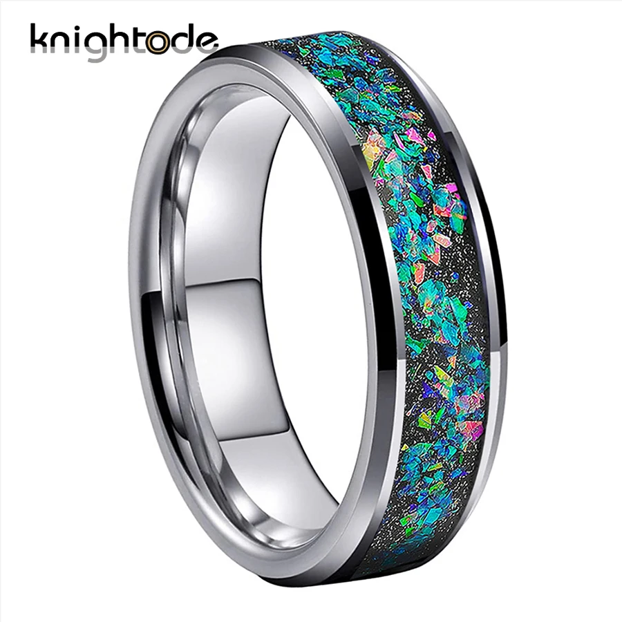 

6mm Wedding Band Black/Silvery Tungsten Carbide Ring With Galaxy Series Opal Inlay Beveled Edges Polished Shiny Comfort Fit