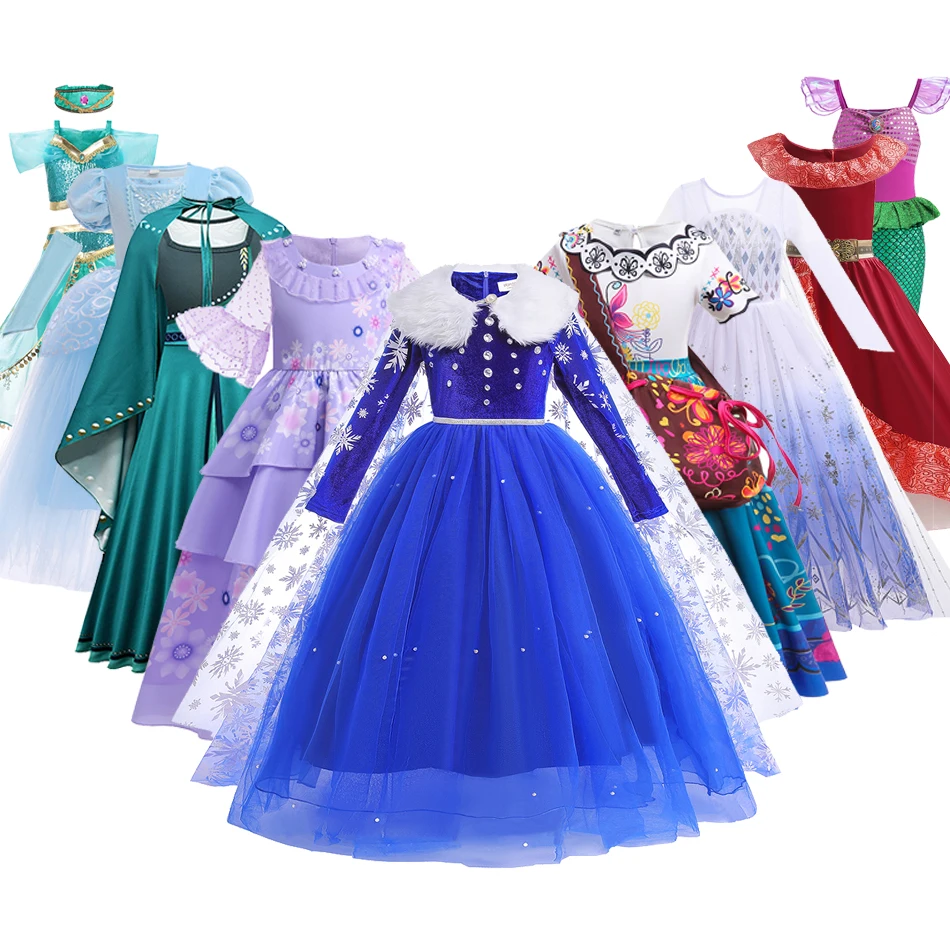 

Disney Frozen Elsa Anna Princess Dress Encanto Charm Costume Girls Little Mermaid Jasmine Outfits Kids Halloween Party Cosplay