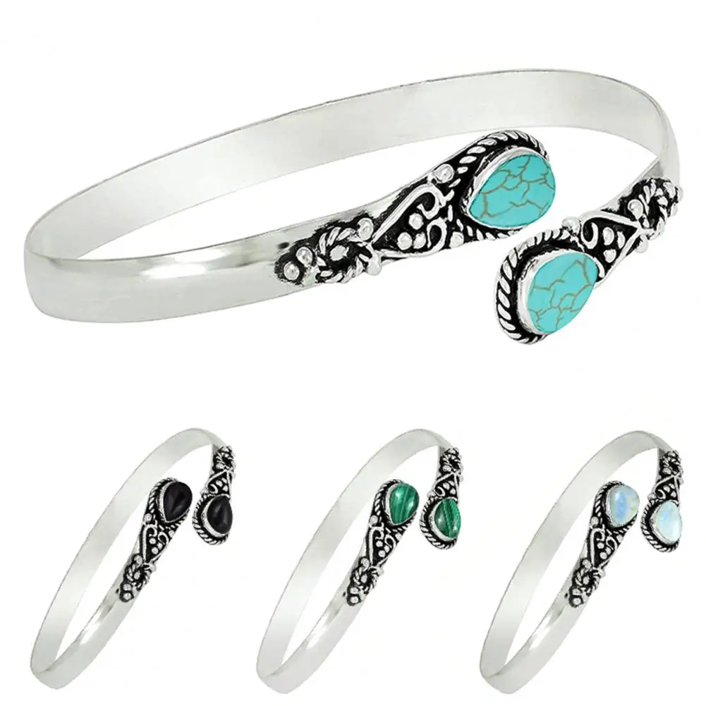 

Boho Chic Turquoise Alloy Cuff Bracelet For Women Waterdrop Shaped Turquoise & Malachite & Moonstone Inlaid Open Bangle Bracelet