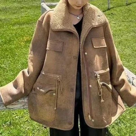 

Пальто из овечьей шерсти, Женская осенне-зимняя новая модель, кожаная куртка, американская ретро одежда, меховое пальто