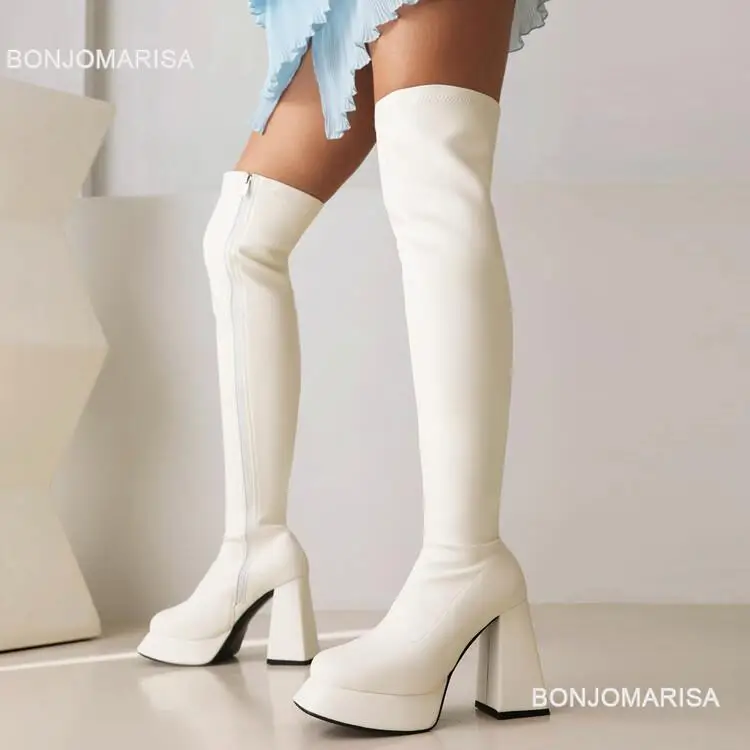 

Женские сапоги выше колена BONJOMARISA, белые сапоги на платформе и массивном блочном каблуке, новинка осенне-зимнего сезона, Лидер продаж, обувь на высоком каблуке