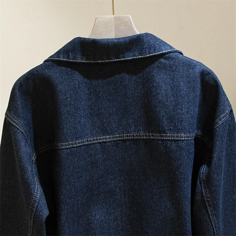 Винтажная темно-синяя джинсовая куртка с большими карманами Женская свободная