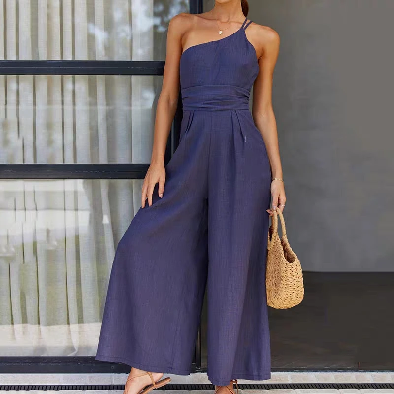 

Dark Blue Color Gentle Sundress Women 2023 Summer Off Shoulder One Piece Jumpsuit High Waist Folds Slender Female Oufits