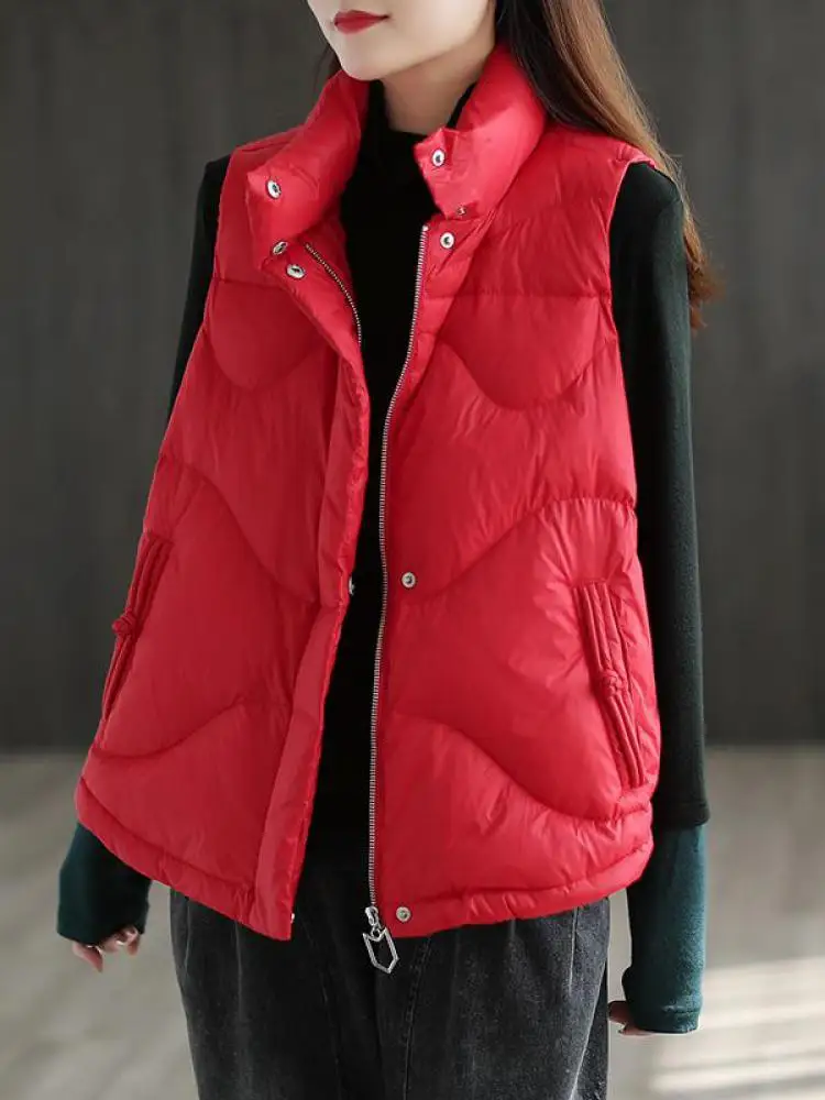 

Winter Autumn Women Down Jackets Sleeveless Black Stand Collar Gilet Puffer Parkas Female Loose Warm Waistcoat Duck Down Vest