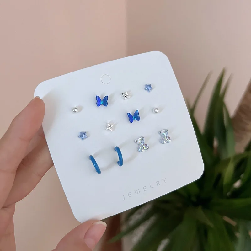 Набор серег-гвоздиков из серебра пробы с синими иглами |