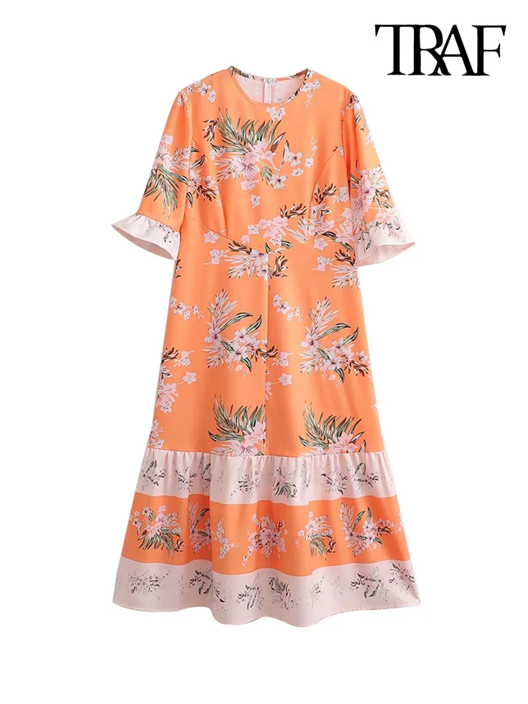 

Платье-миди с цветочным принтом, коротким рукавом и молнией сзади