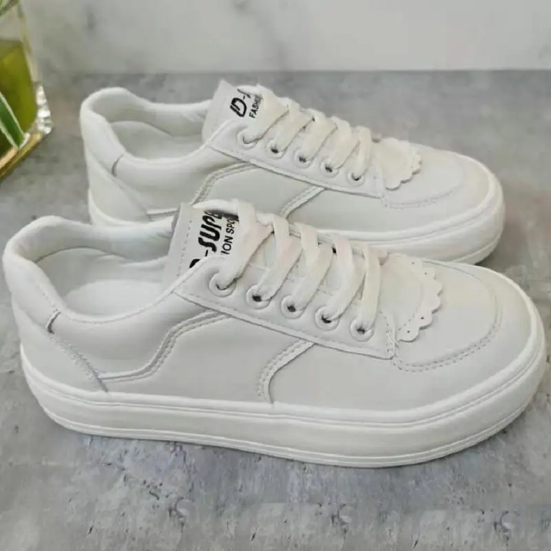 2022 New Spring Tenis Feminino Lace-Up White Shoes Jolie Woman PU Leather & Canvas Solid Color Female Shoe Casual White Sneakers