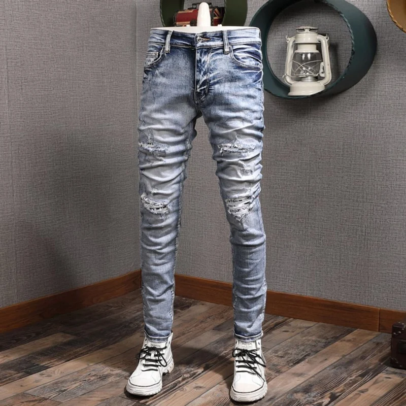 

Джинсы мужские в стиле ретро, модные рваные джинсы синего цвета, эластичные узкие брюки с заплатками, дизайнерские брендовые штаны в стиле хип-хоп