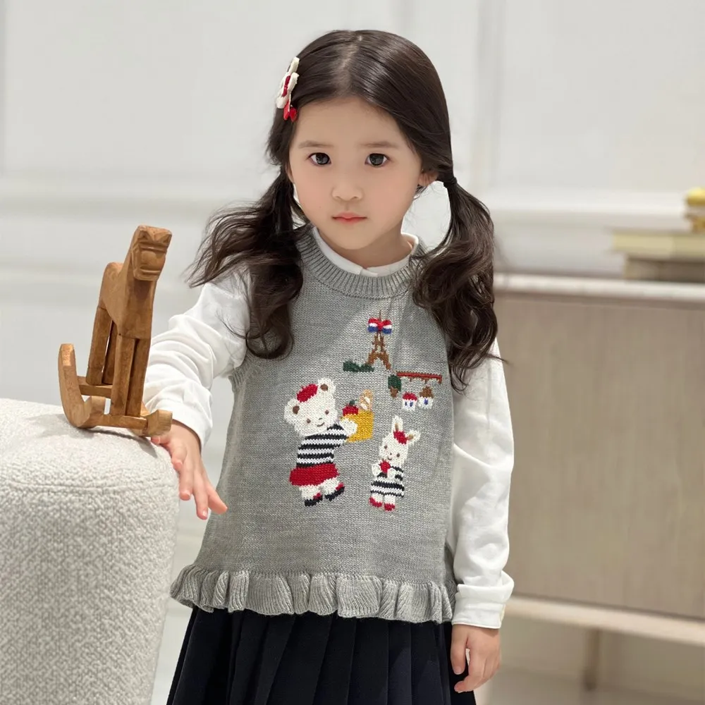 

Детские свитера, вязаный жилет для маленьких девочек, детская одежда, ВЯЗАНАЯ МАЙКА ручной работы с мультяшным рисунком медведя