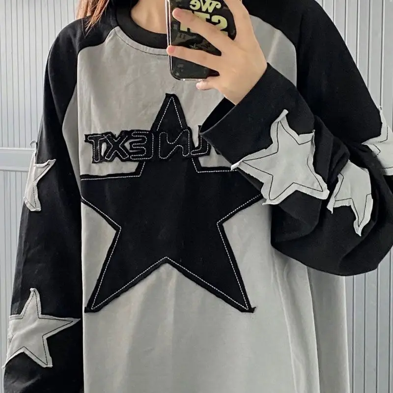 

Five-pointed applique embroidery color matching sweatshirt Women Y2K hippie hoodie Korean fashion long-sleeved T-shirt