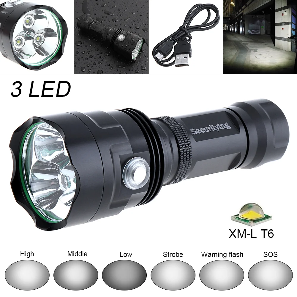 

SecurityIng Super Bright Flashlight 3x XM-L T6 LED 2400 Lumens Waterproof Torch Support USB Charging for Household/Outdoor