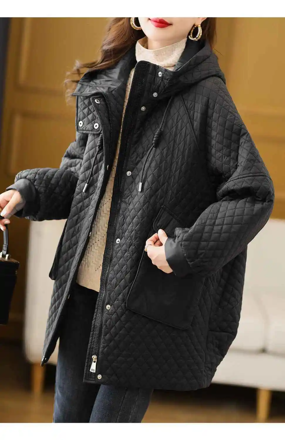 2023 New Oversized Hooded Plaid Cotton Jacket Women's Clothing Autumn Winter Coat Female Large Size Parka Black Overcoats AC765