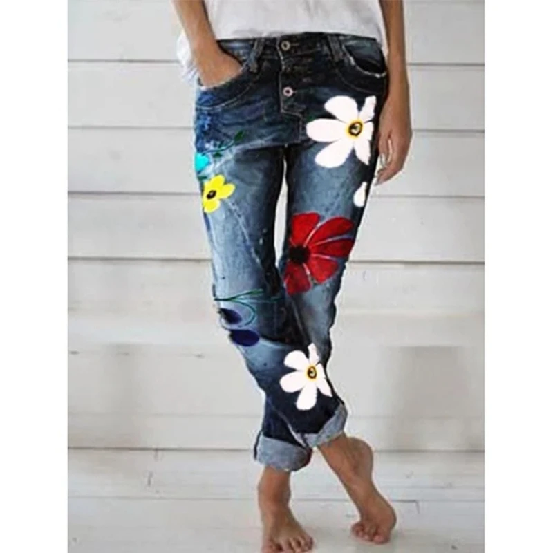 

Woman Jeans Large Size Fashion Print Pattern Mid Waist Bleached Button Fly Street Style Pencil Pants