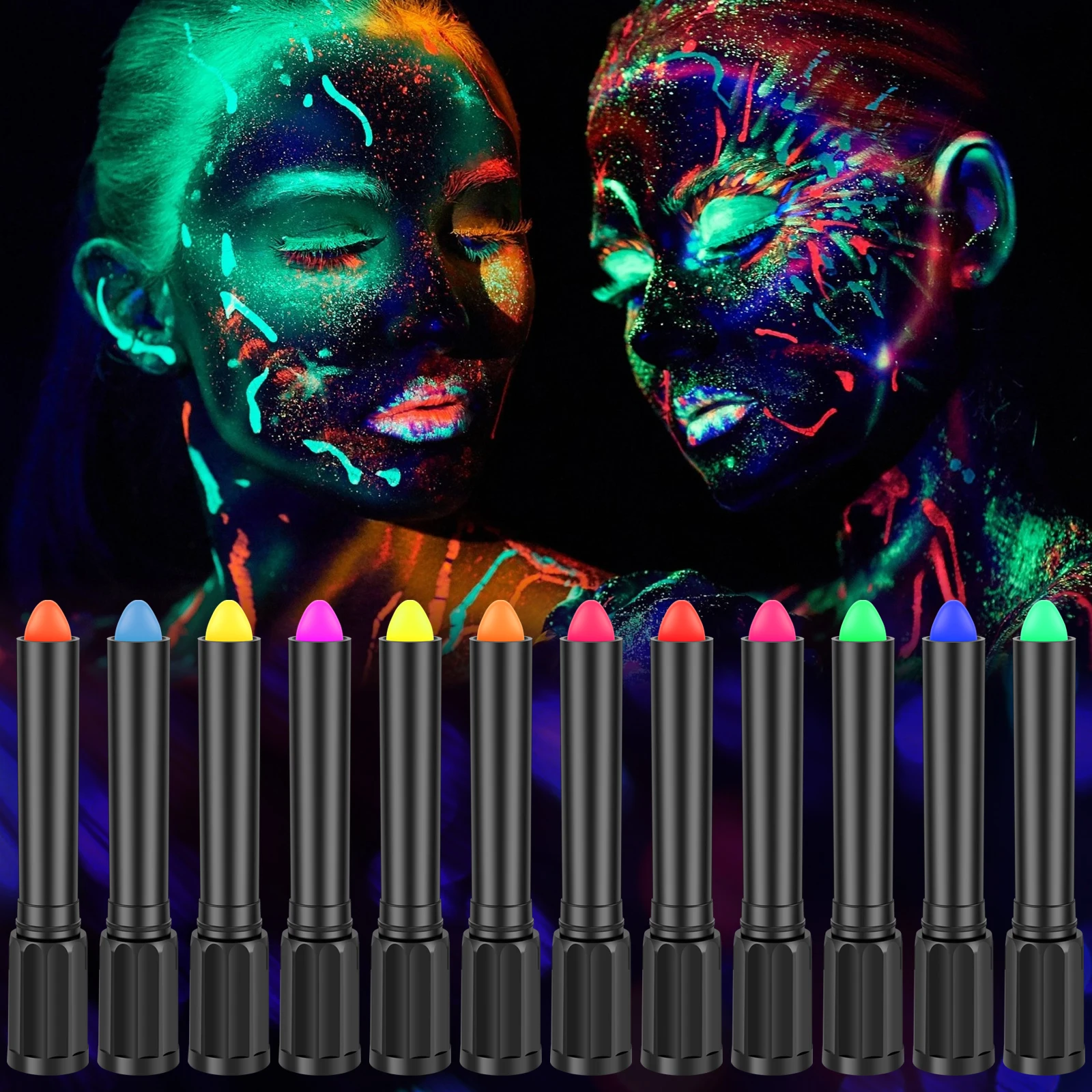

12PCS Fluorescent Paint Glow In The Dark Crayon Body Paint Washable Diy Face Painting Crayons Party Halloween Event Makeup Props