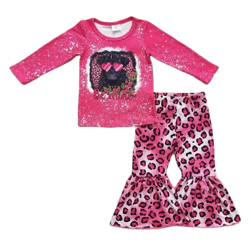

New Design Stylish Heifer Printed Rosy Tops Leopard Pants Girl Set Clothes Boutique Children Spring Costume Suits Wholesale