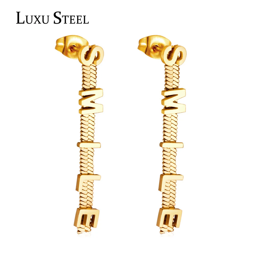 

LUXUSTEEL Fashion Earrings 2022 New Arrivals Gold Color Smile Letter Chains Earrings No Fade Stainless Steel Drop Earrings Party