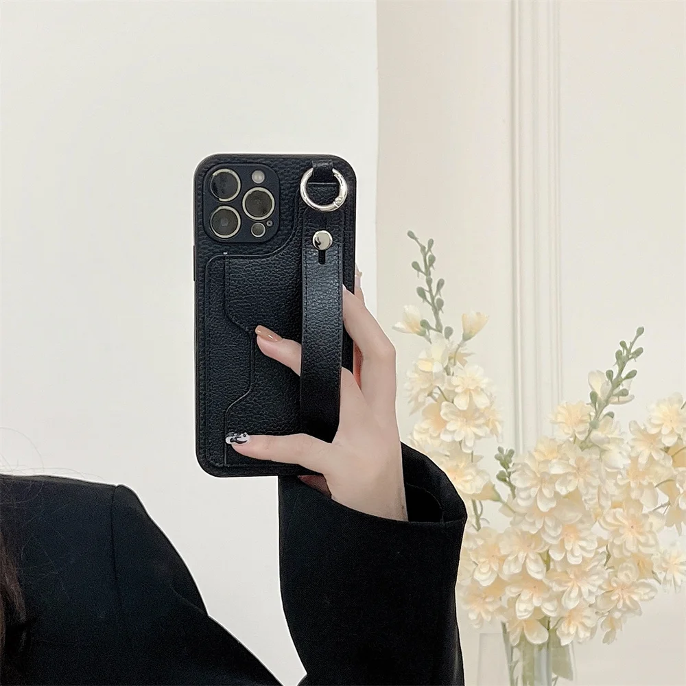 

Luxury card holder wrist strap leather wallet case For iphone 11 12 13 14 13Pro Max Mini x xr xs 7 8 14 Plus Protection cover