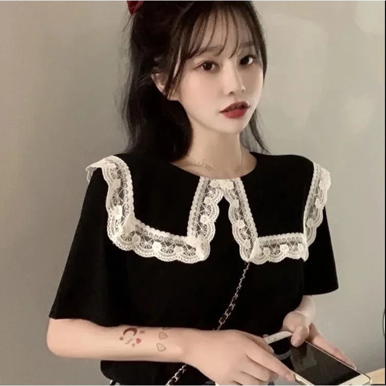 

YIHUA Lace Short-sleeved T-shirt Loose Version Lapel Top blouses POLO