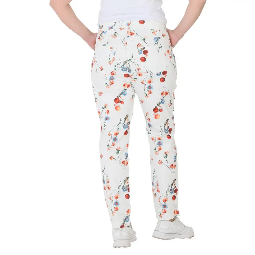 Fierte Women Plus Size Pants CcLidya Linen High Waist Straight Trotting Zipper Closure Button Flower Pattern White