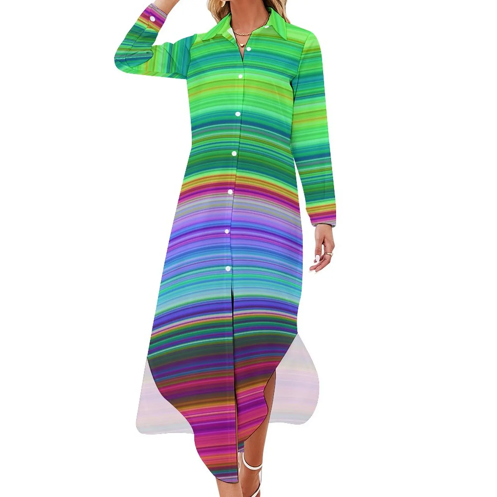 

Женское шифоновое платье с длинным рукавом, разноцветное Повседневное платье в полоску с радужным принтом, элегантное шифоновое платье оверсайз с V-образным вырезом
