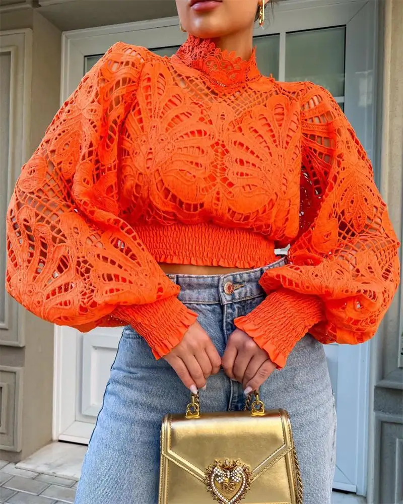 

Женская блузка с вышивкой Zoctuo, оранжевая кружевная блузка с круглым вырезом и высоким воротником, укороченная Повседневная Уличная одежда для ночного клуба