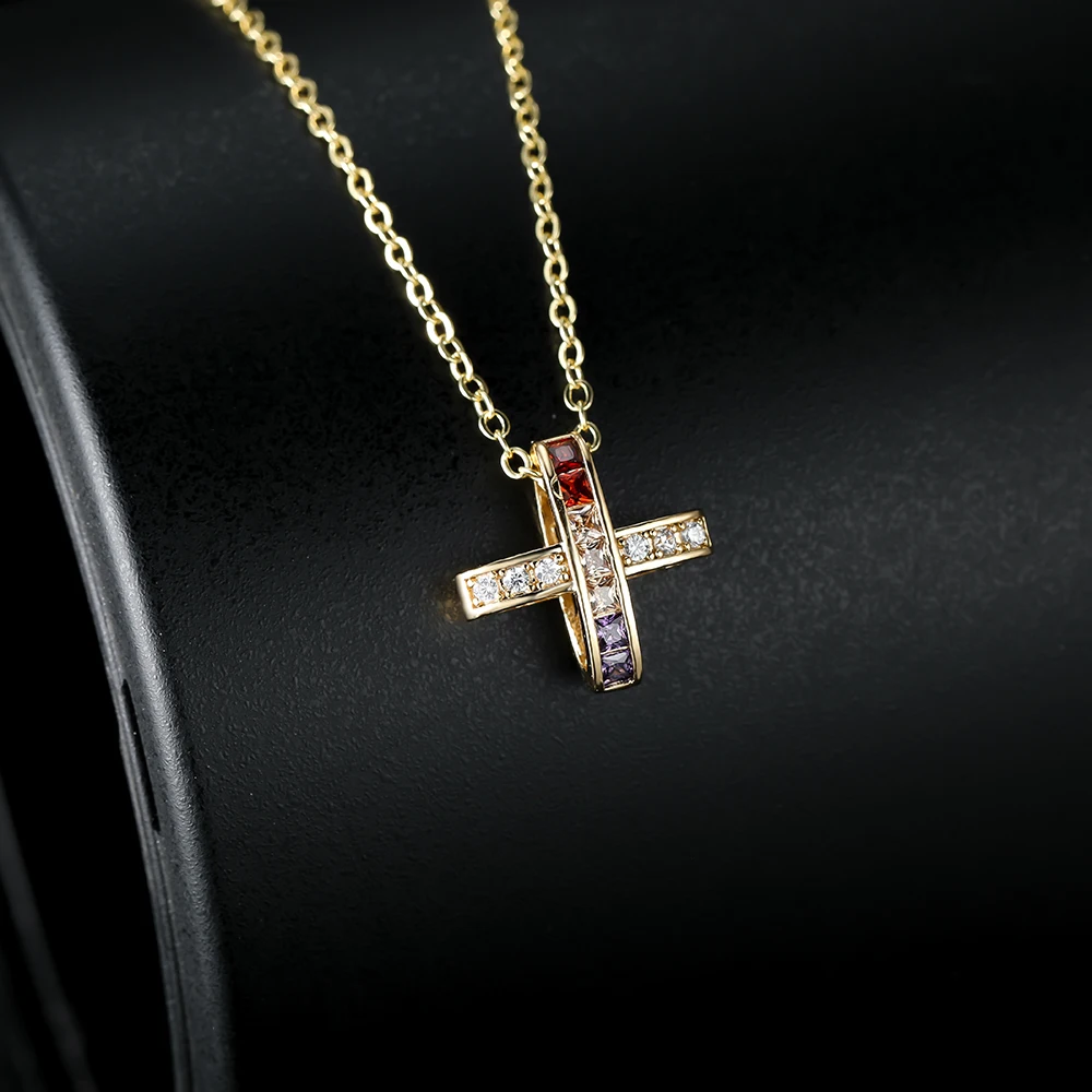 

Personality Jewelry Rainbow Zircon Cross Pendant Necklace Gold Color Creative Geometric X- Shaped Clavicle Chain for Women