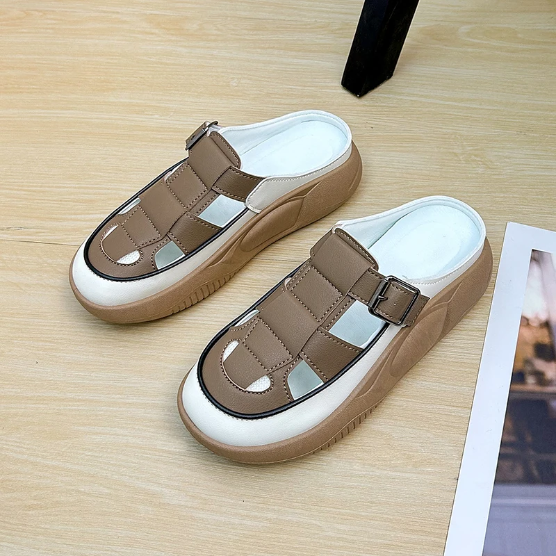 

Baotou sandals and slippers women's leather outer wear 2023 summer new soft bottom trend hollow thick-soled semi-supporting sand