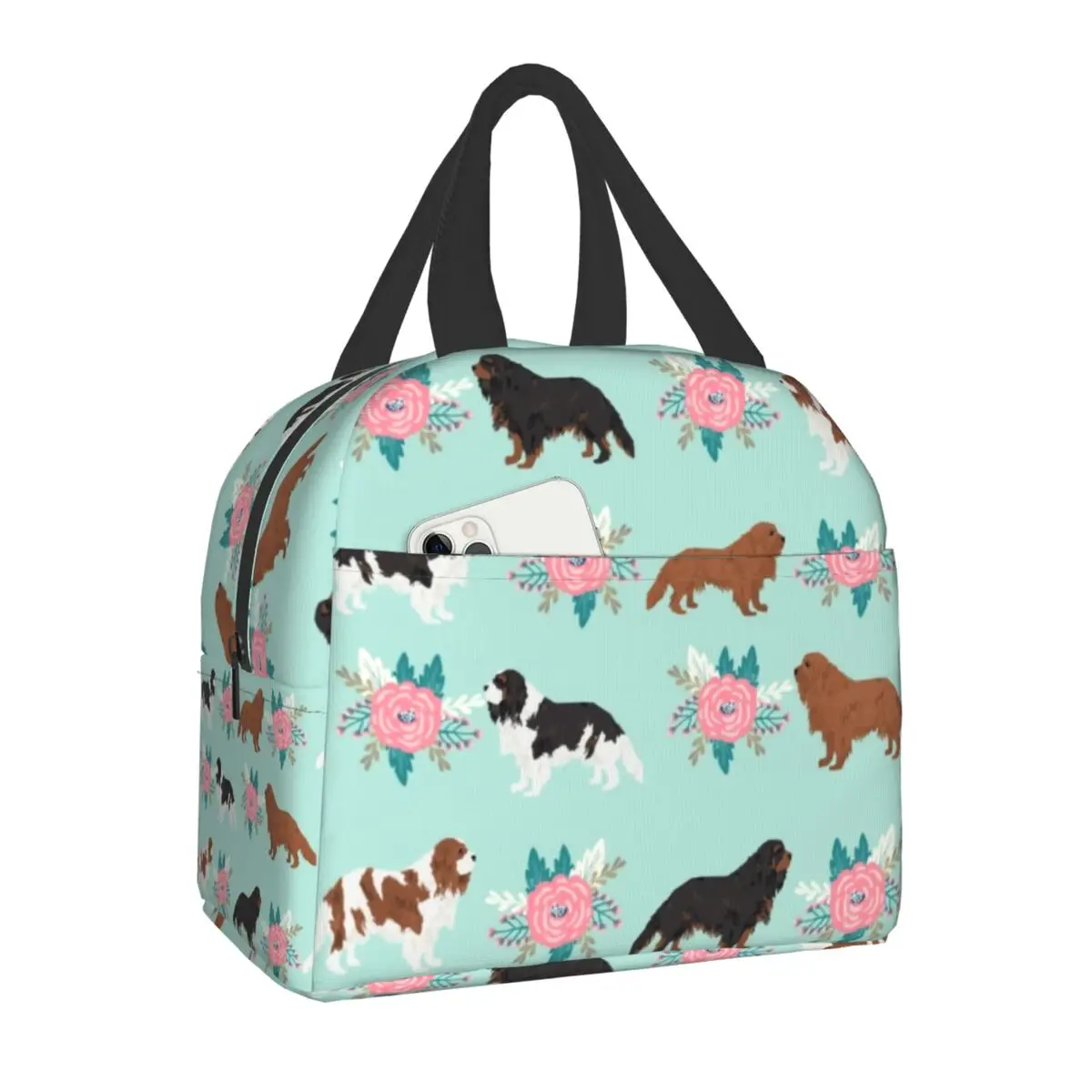 

Custom The Cavalier King Charles Spaniel With Flowers Lunch Bag Men Women Warm Cooler Insulated Lunch Box Kids School Children