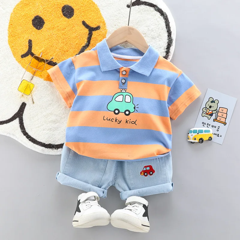 Children's gentlemen's summer striped short-sleeved shirt+shorts 2 pieces of children's clothing suit, baby boy party suit 1-4Y