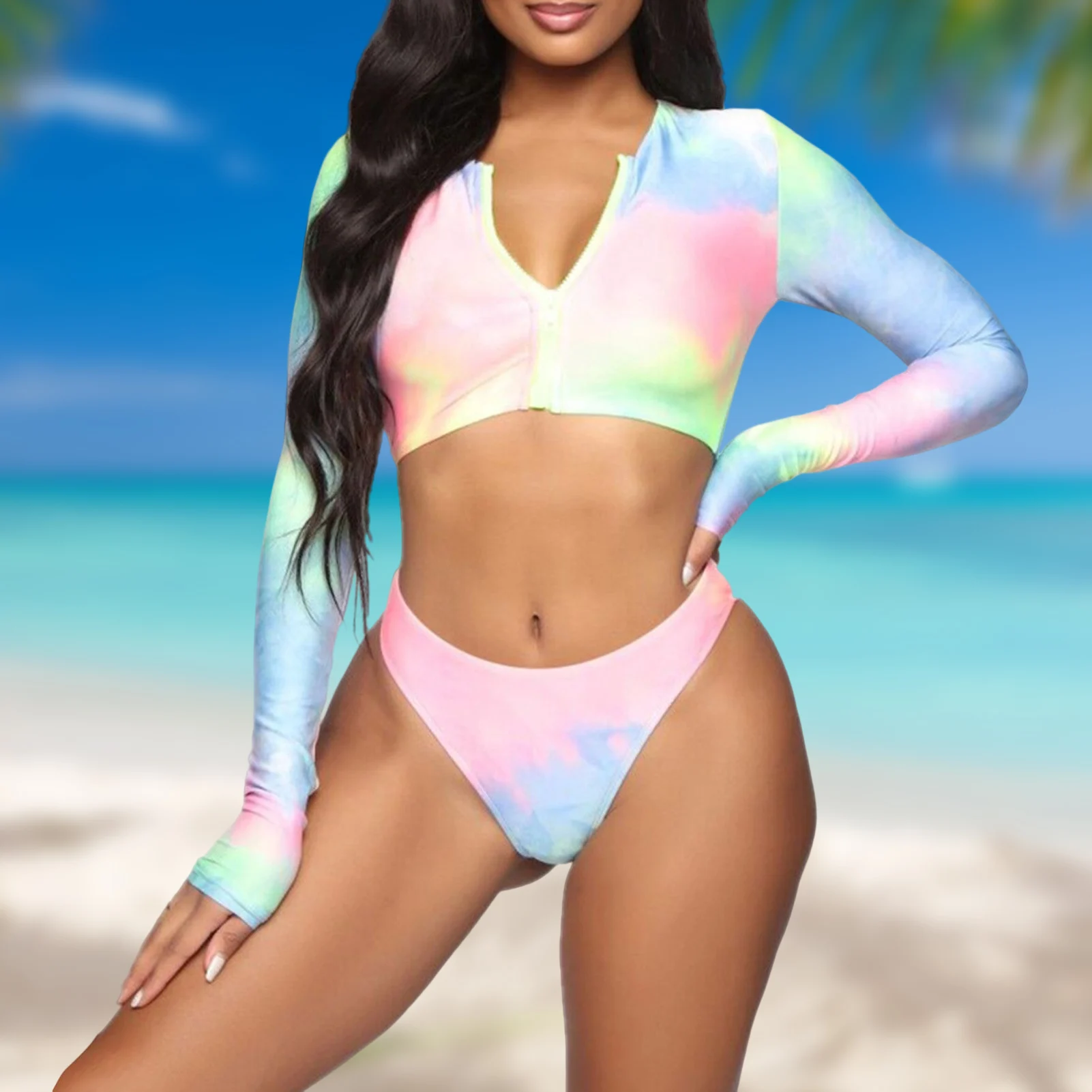 

2pcs/set Bathing Suits Long Sleeve Tie Dyed Print Zipper Front Bikinis Round European Style Simple Breathable Beach