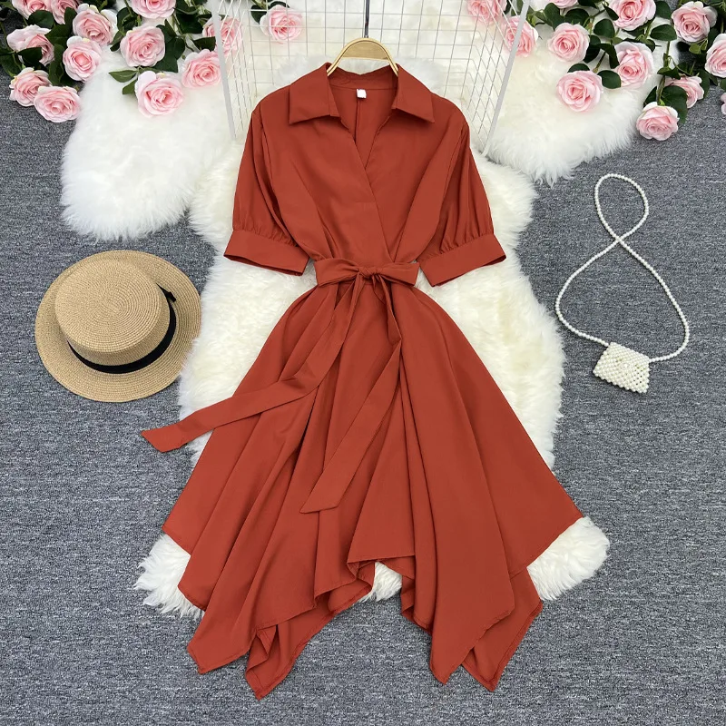 

Office Ladies Dress Women's Streetwear Short Sleeved Lace Up Waist Irregular Polo Neck Shirt A-line Dresses for Women Vestidos