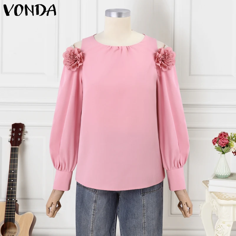 Фото Женские блузки VONDA больших размеров 5XL, топы с открытыми плечами, повседневные однотонные блузы, туники с длинным рукавом и круглым вырезом, с цветочным принтом, рубашки оверсайз №4