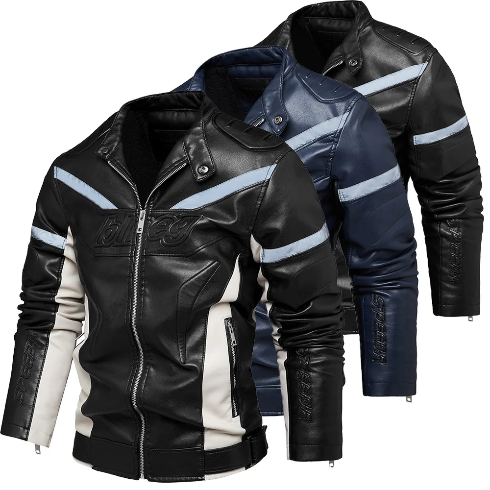 

Men's jacket 2022 new jacket motorcycle leather jacket reflective strip fashion plus velvet warm leather jacket men