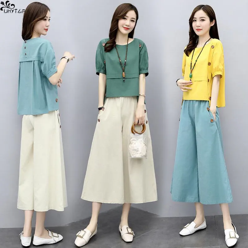 

Брюки UHYTGF женские с пуговицами, комплект из двух предметов, хлопково-льняные штаны с коротким рукавом и широкими штанинами в стиле ретро, ле...