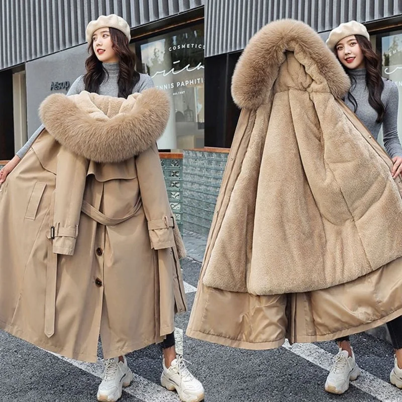 

Женская зимняя куртка с капюшоном, длинные толстые парки с подкладкой из искусственного меха, женское раздвижное пальто из искусственной к...